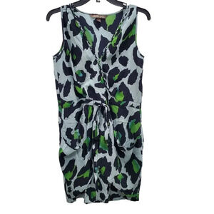 Charlie Jade Women's 100% Silk Green Animal‎ Faux Wrap Sleeveless Tie Dress Sz S
